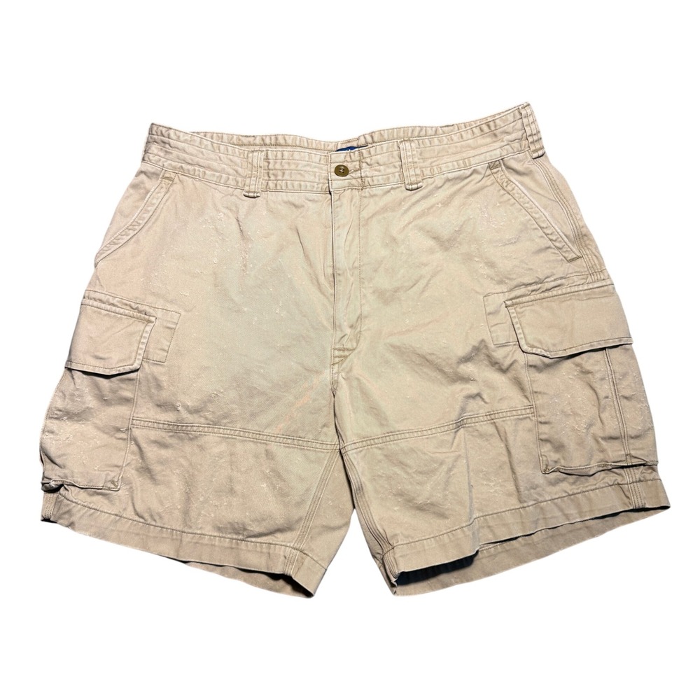 Polo Ralph Lauren Mens Khaki Tan Distressed Cargo Shorts Size 36 Cotton Twill
